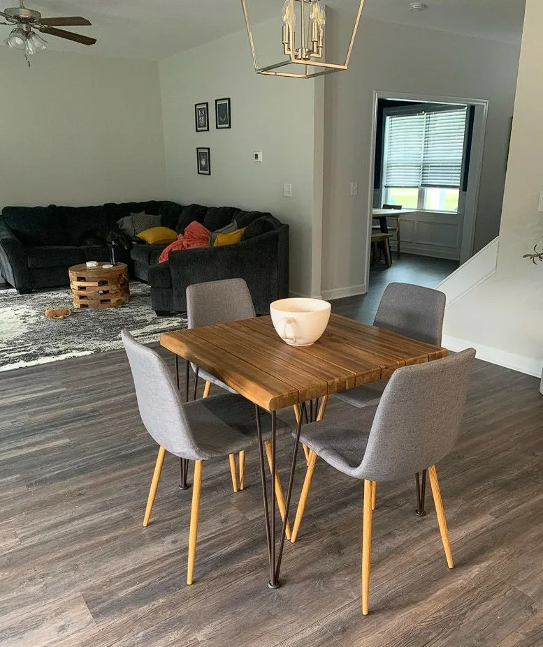 36 Inch Square Dinner Table Wood Top With Metal Pin Legs And Designer Chairs