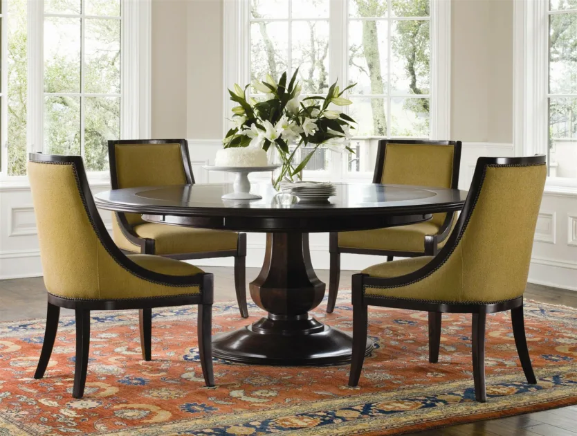 Big Dark Wooden Round Dining Table Set With Leaf And Cool Chairs Plus Luxury Rug