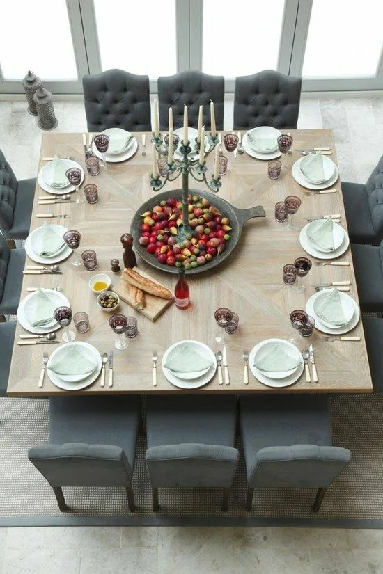 Big Square Dinner Table Wood Table With Gray Cusioned Seat