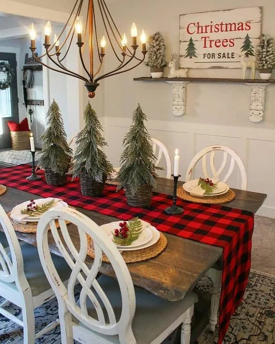 Christmas Table Decoration Checkered Runner And Mini Trees Centerpiece