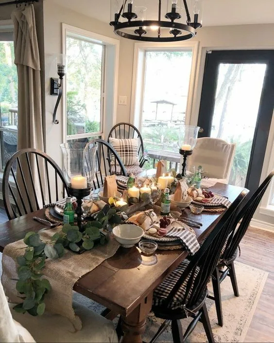 Contemporary Farmhouse Dinner Table With Eucalyptus Table Runner