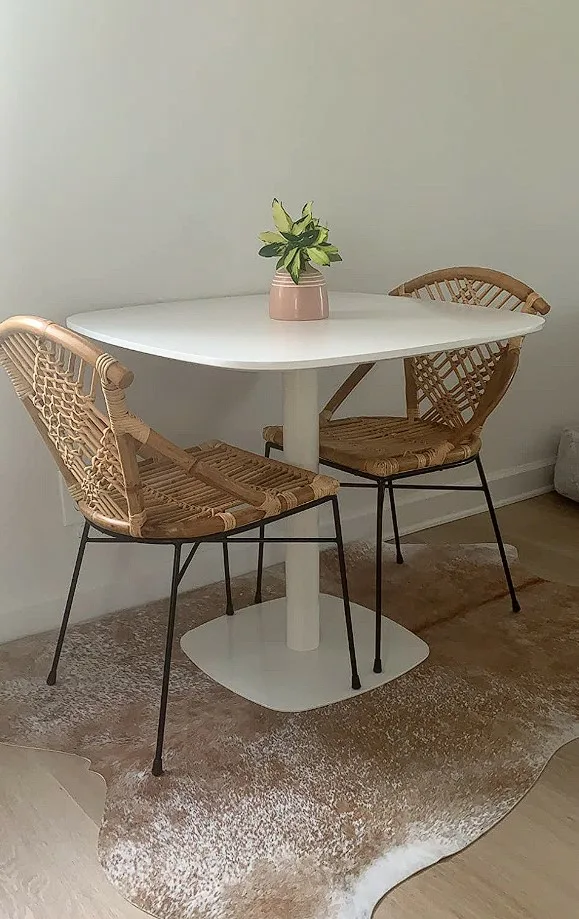 Contemporary Square Dinner Table White Pvc And Metal Table With Plant Centerpiece And Rattan Weved Chairs