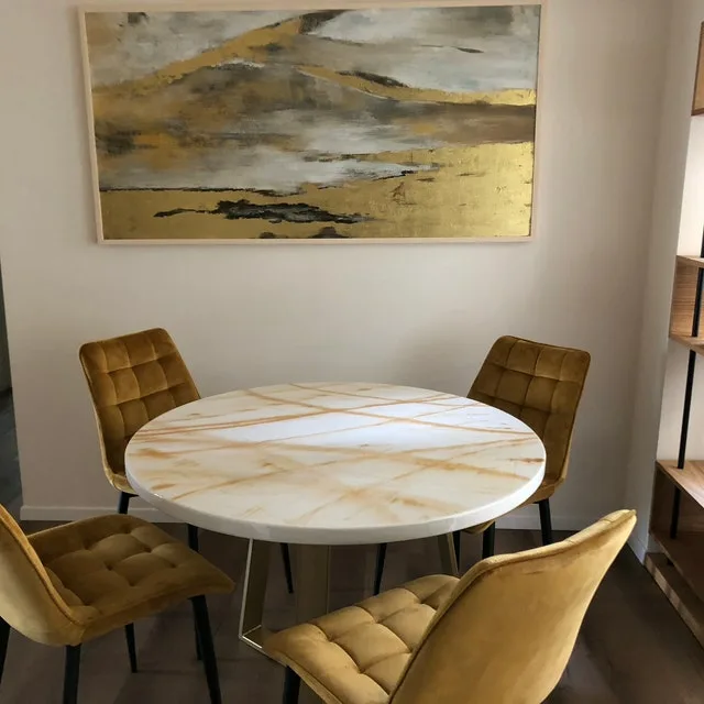 Designer Dining Table Round Marble With Silver Metal Base And Velvet Chairs