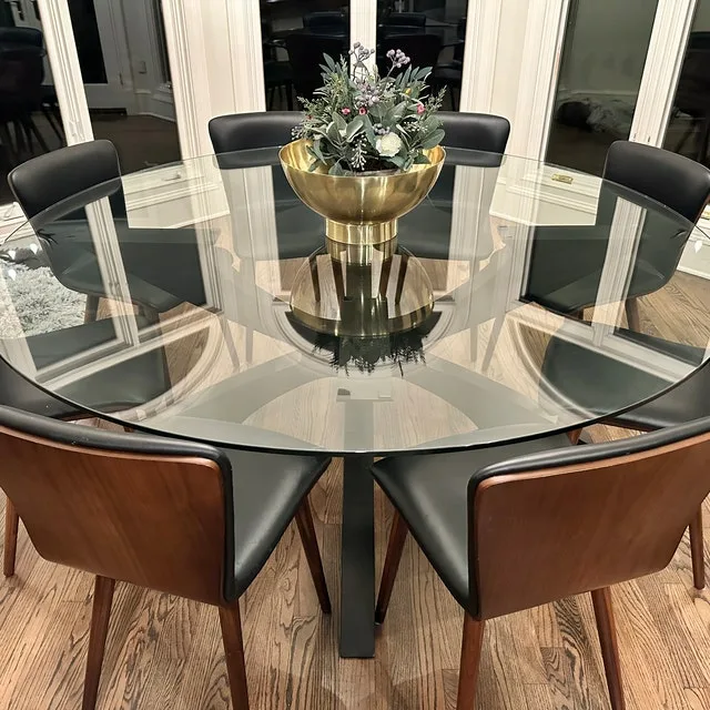 Designer Dining Tables Glass Round Top With Geometci Metal Base