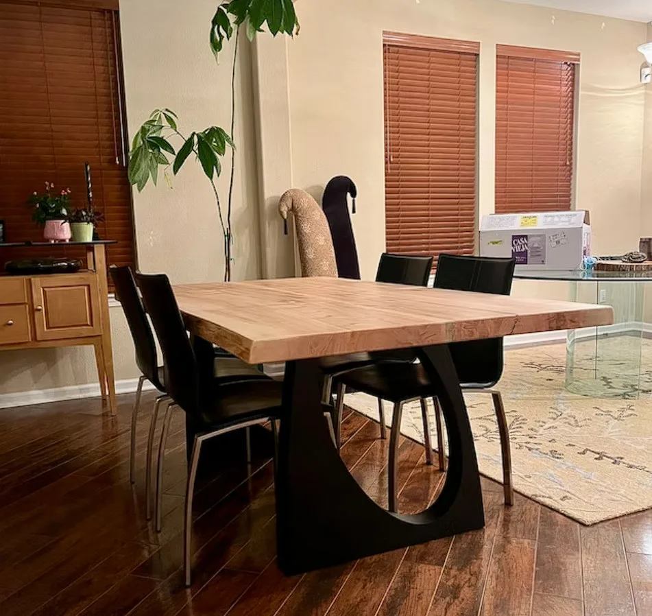 Designer Dining Tables Wood Top And Geometric Metal Base With Matching Sleek Black Chairs