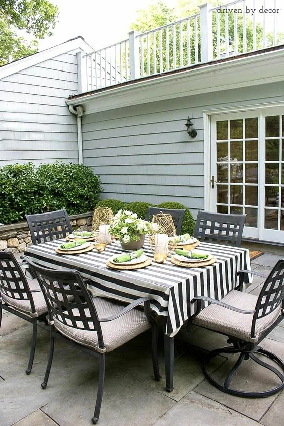 Dinner Table Metal Outdoor Striped Tablecloth Backyard