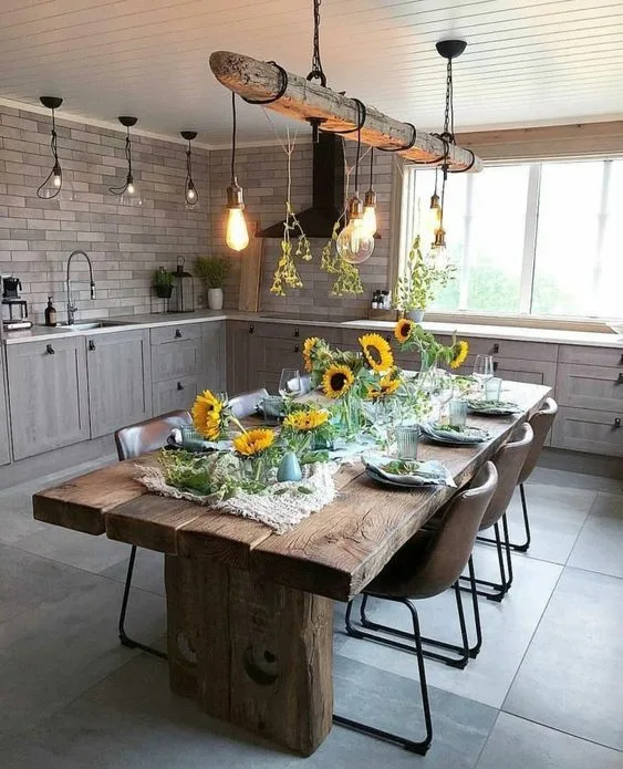 Farmhouse Dining Table Wood Rough And Textured Table With Hanging Lightbulb