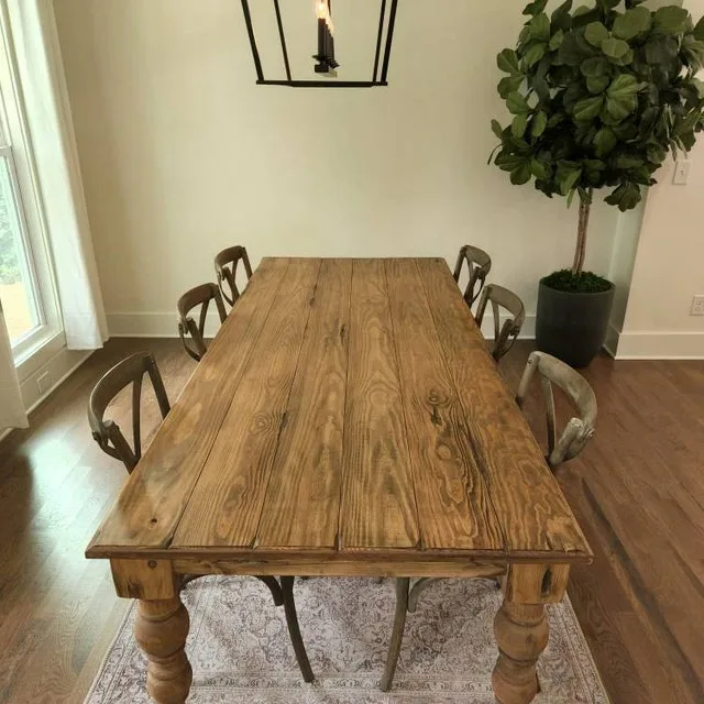 French Farmhouse Dinner Table Classic Brown And Wood Stain With Vintage Wooden Chairs