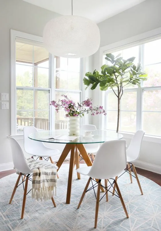 Glass Dinner Table Round Shape With Wood Triangle Base