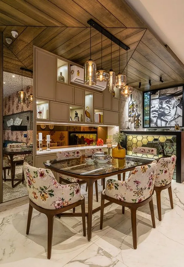 Glass Dinner Table With Wood Rim And Cusioned Chairs