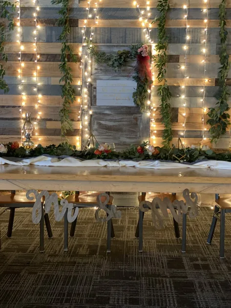 Green Mixed Leaf Garland Willow Leaves Garland Hanging Warm Fairylights Mr Mrs Banner Angle View Greenery Centerpiece Ideas