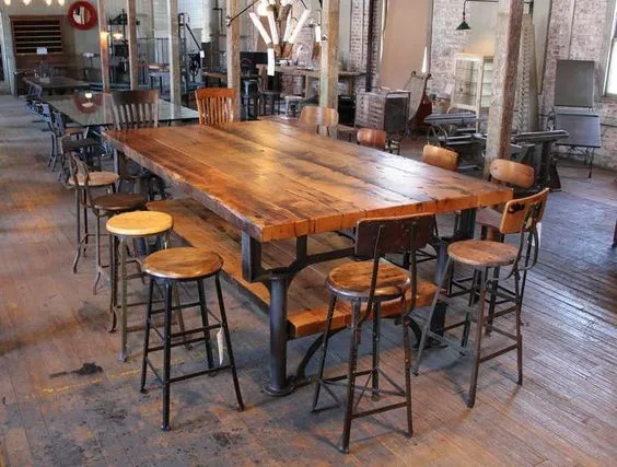 Industrial Dinner Table And Chairs Wood Varnished Table With Metal Legs And Wood Chairs