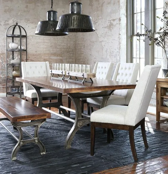 Industrial Dinner Table Elegant Metal Legs And White Cusioned Seats