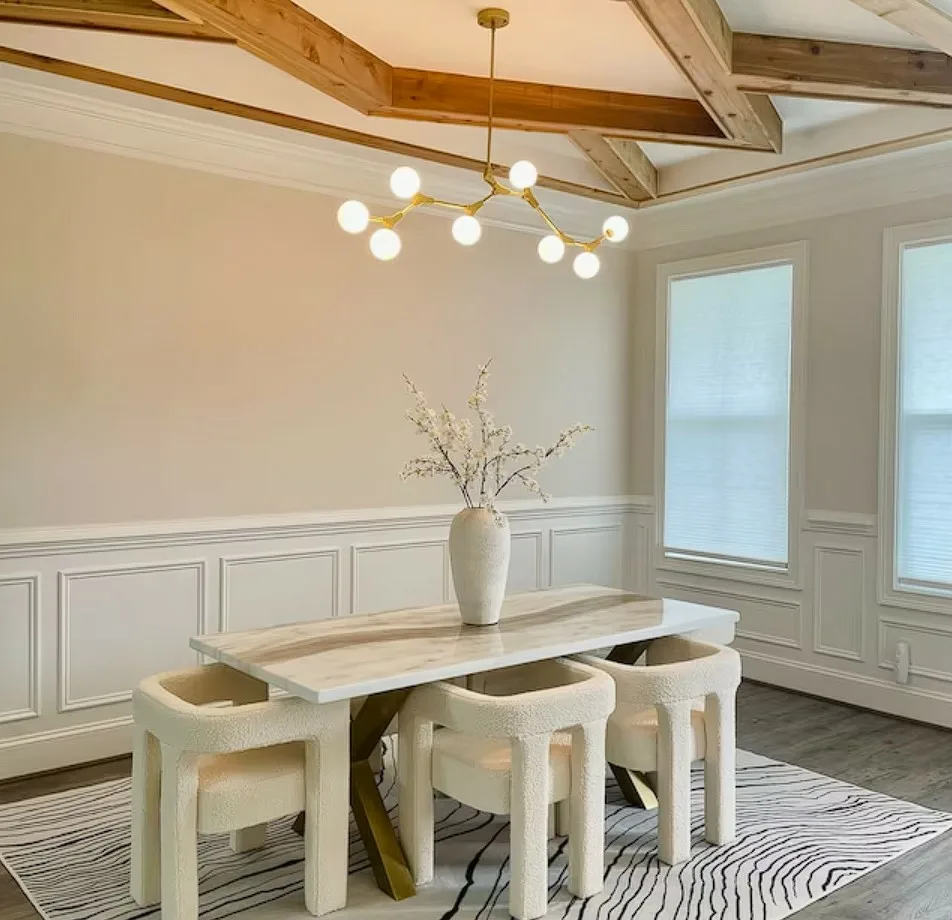 Marble Dinner Table Rectangle Top With Decorative White Chairs