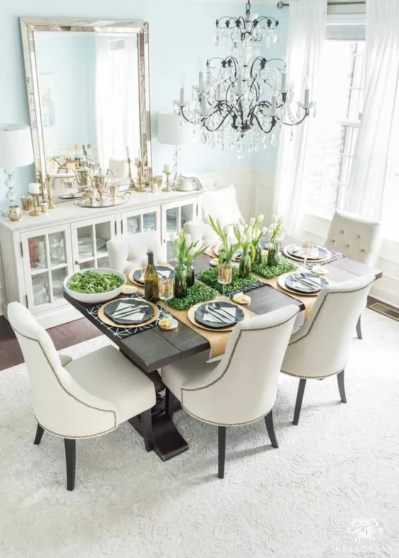 Modern Dinner Table Brown Wood Table Seeting With Elegant Chandelier
