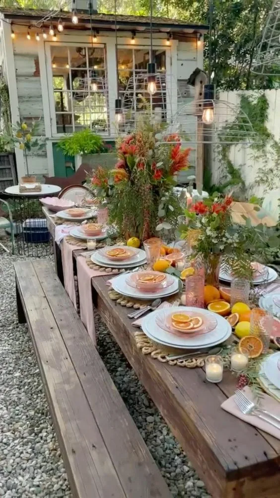 Outdoor Dinner Tables Rustic Table Setting With Hanging Wire Lamps