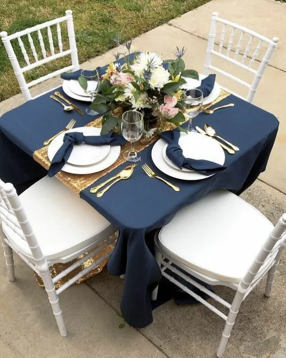 Outdoor Square Dinner Table Blue Tablecloth With Gold Table Runner