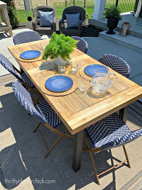 Outdoor Wood Dining Tables Thick And Rubale Table With Cotton Weaved Chairs