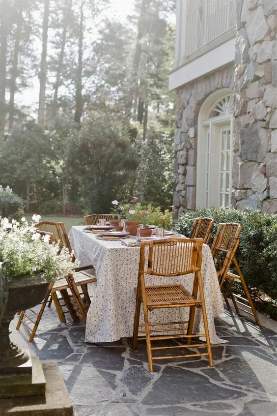 Rectangular Dinner Table Elegant Tablecloth With Bamboo Chairs