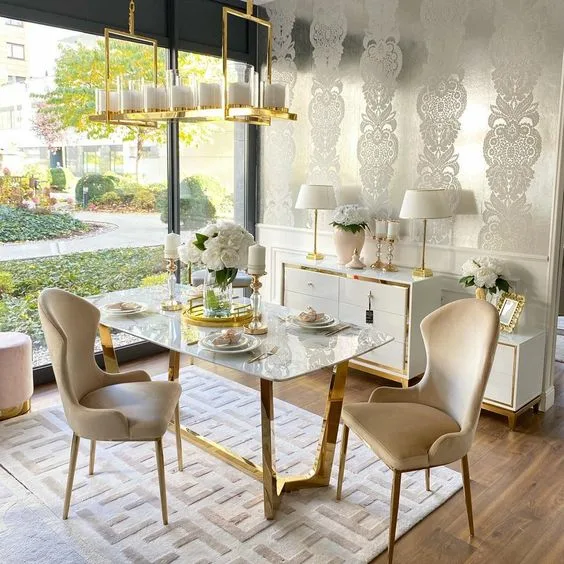 Rectangular Dinner Table Marble Top With Gold Metal Geometric Base And Chandelier