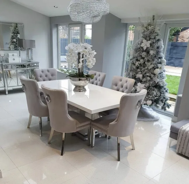 Rectangular Dinner Table White Resin Table With Cusioned Gray Chairs