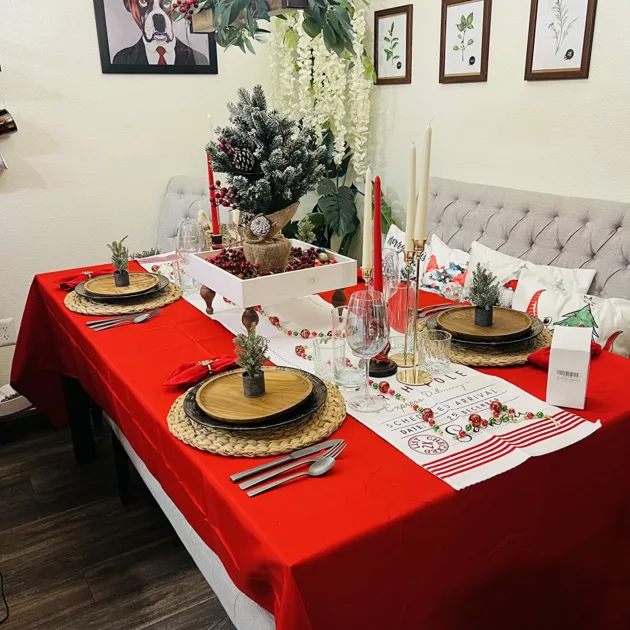 Red Tablecloth Mini Tree Christmas Table Decor