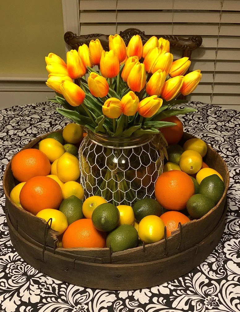 Seasonal Fruit Tablescape Ideas Artificial Plastic Fruits And Silk Flowers On Rustic Wooden Container