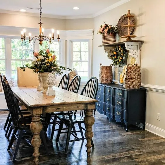 Solid French Country Farmhouse Dinner Table With Ceramic Vase Centerpiece