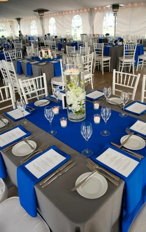 Square Dinner Table For 8 Gray Blue Table Runner