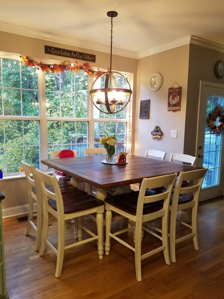Square Wood Dining Table For 10 Dining Area With Round Chandelier