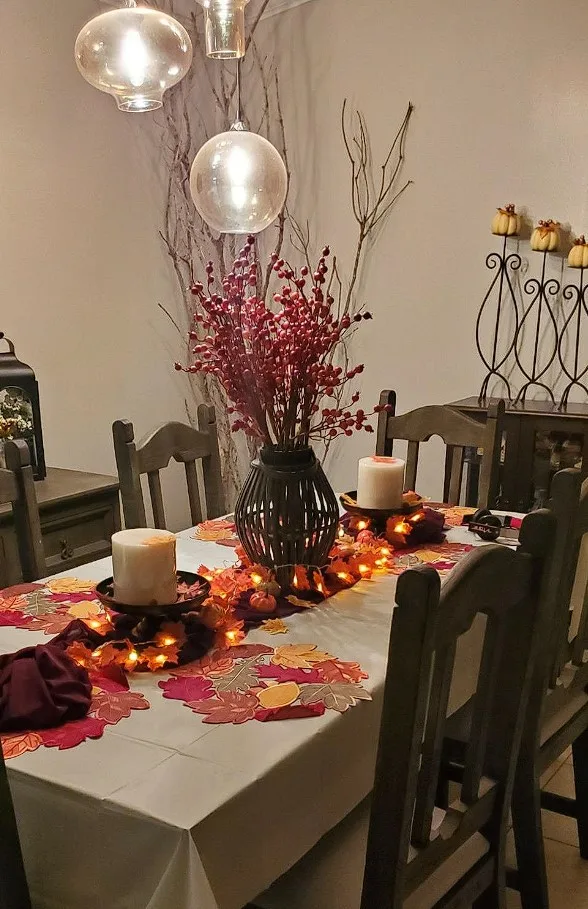 Tablescape Ideas For Fall Leaves Runner And Metal Flower Vase