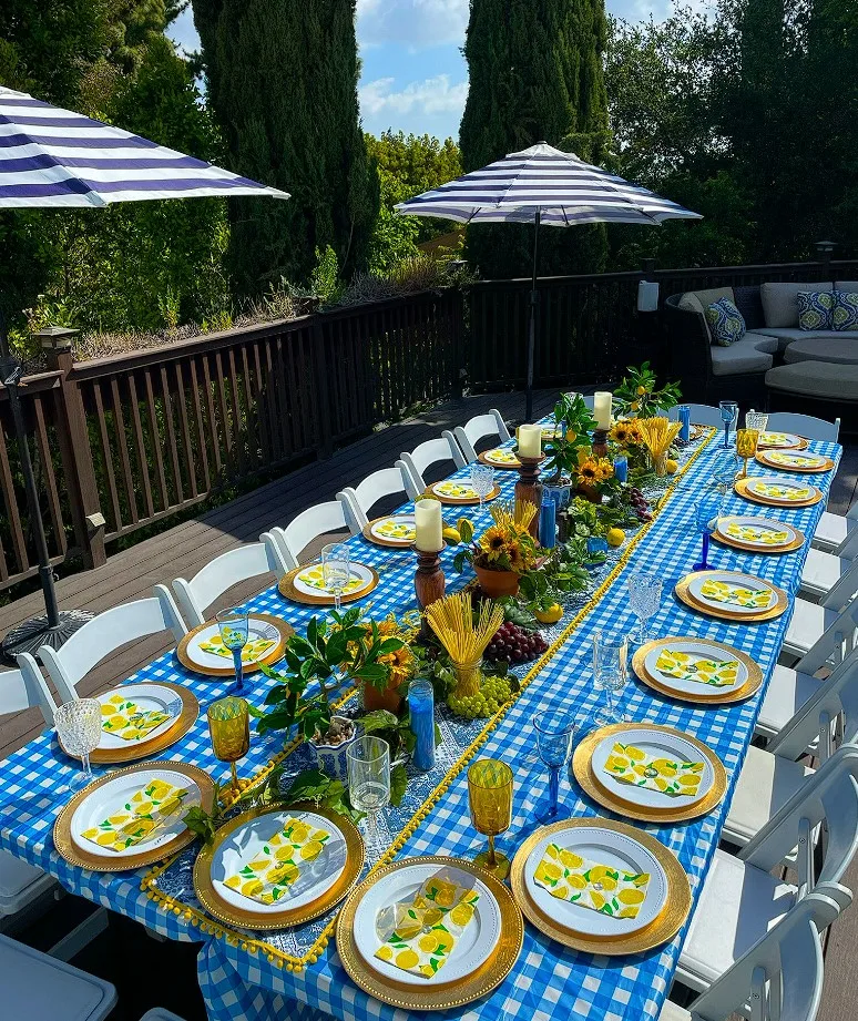 Tablescape Ideas For Summer Blue Checkered Tablecloth And Printed Napkins