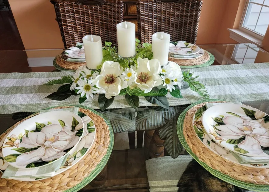 Tablescape Ideas For Summer Glass Top Table With Flower Printed Plates