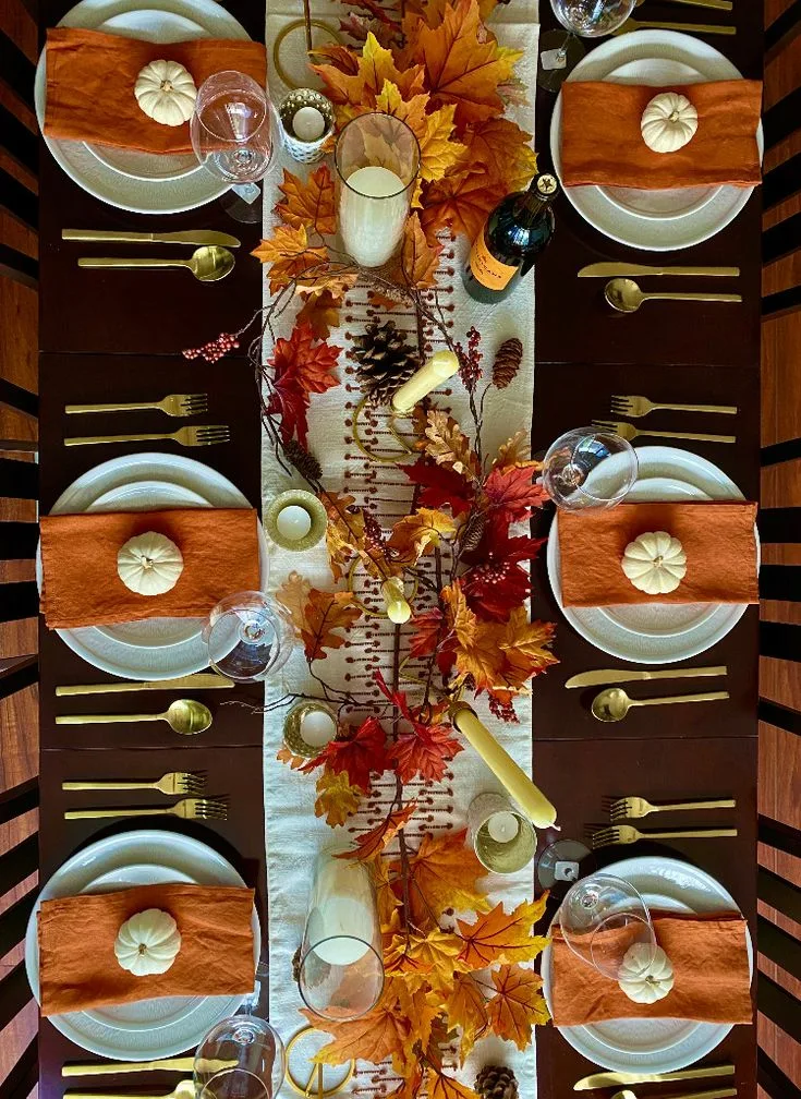 Thanksgiving Table Decor Topview With Faux Leaves Runner
