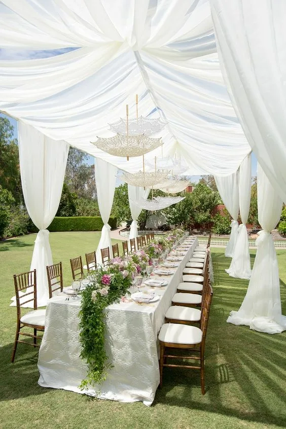 White Party Decorations Outdoor Curtain Tent And Rectangle Long White Table With Vine Runner