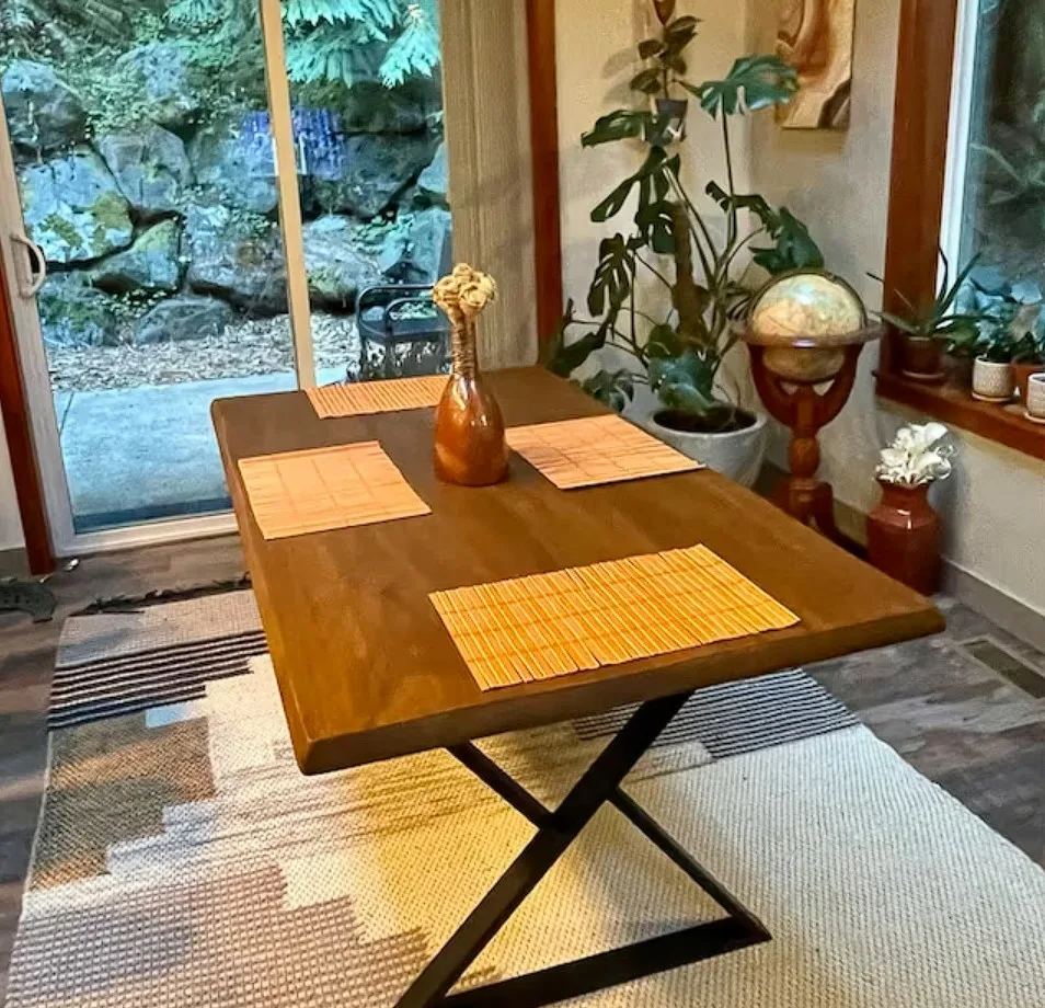 Wood Dinner Table Smooth Edged Table Top With Geometric Metal Base
