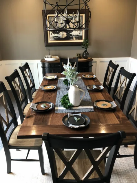 Wooden Dinner Tables Dining Area With Plant Leaves Centerpiece