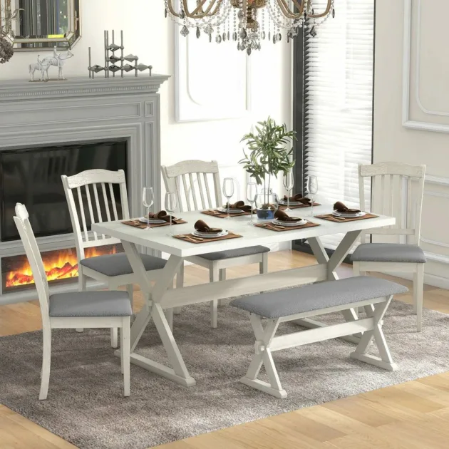 6 Piece Dining Table Set With 4 Upholstered Chairs And 1 Bench