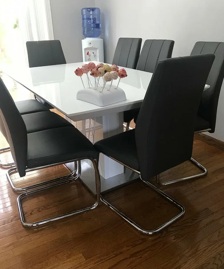 Black Dining Chairs Modern Style Leather Seats With Metal Base