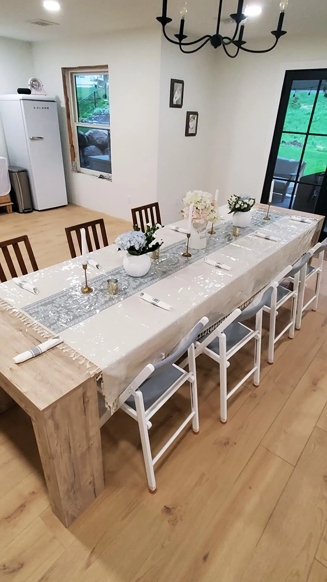 Blue White Tablecloth Top Angle View White Flower Vase Kitchen Dining Table