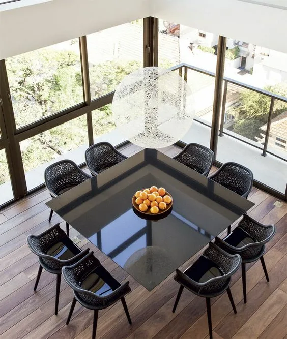 Dining Table For 8 Square Glass Top Table Color Black With Hanging Decorative Light Ball