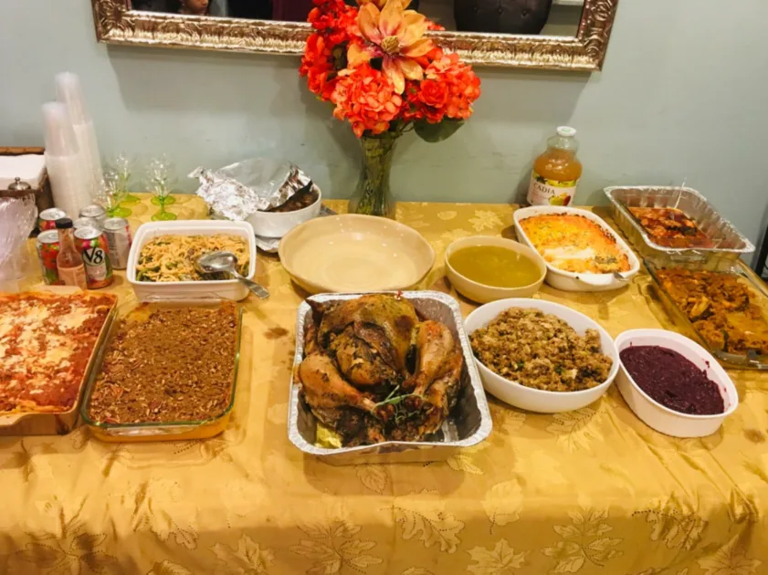 Gold Tablecloth Turkey Closeup Foods Buffet Thanksgiving Table Decor