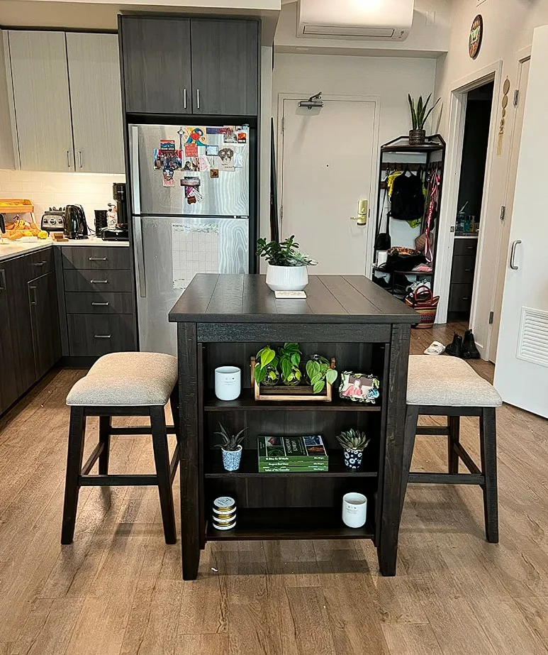 Kitchen Dining Table Dark Color Wood Varnished With Built In Shelves