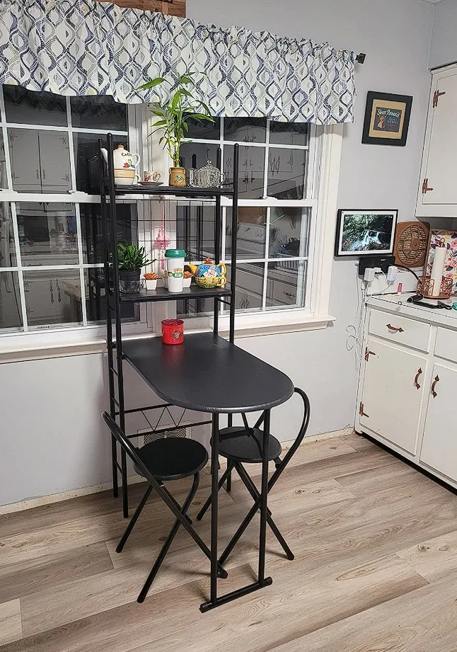 Kitchen Dining Table Elongated Table With Built In Metal Shelves And Pull Out Chairs