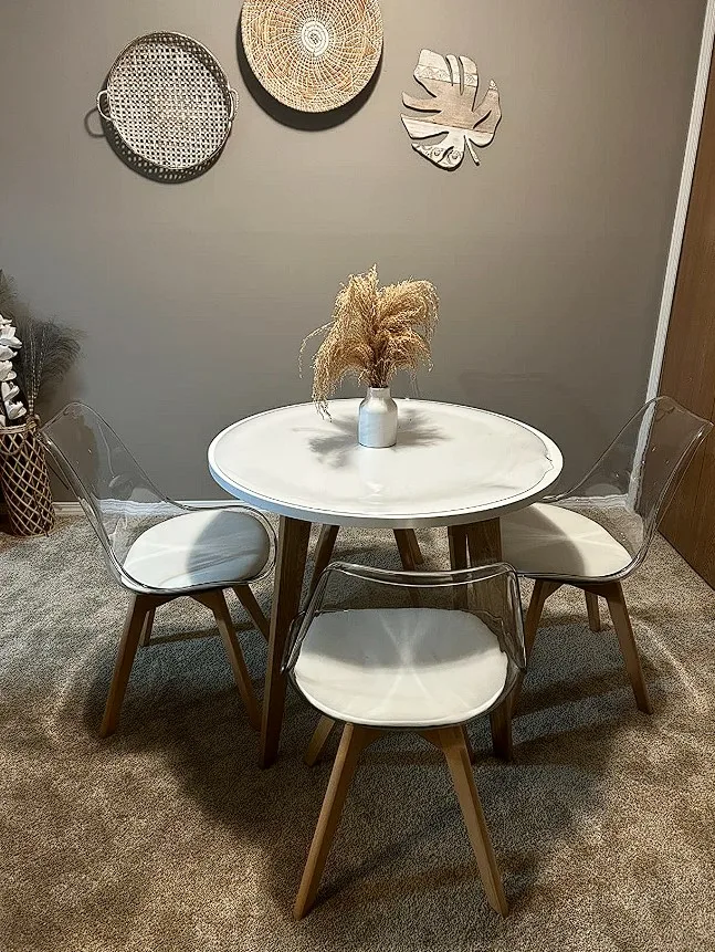 Kitchen Dining Table White Round With Cussioned Seats And Clear Back Rest