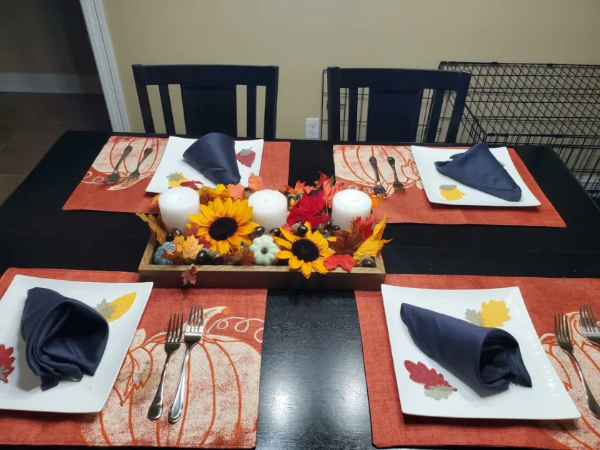 Orange Palcemats Pumpkin Print Sunflower Ledcandles Centerpiece Blue Napkins Thanksgiving Table Decor