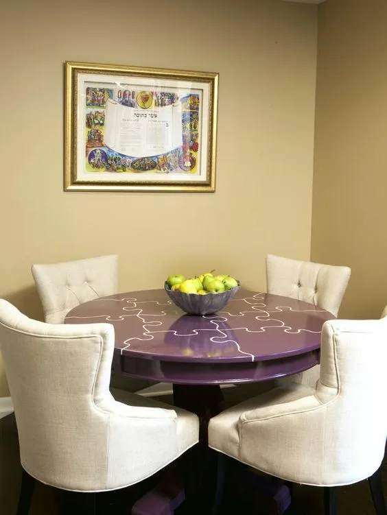 Purple Dining Tables Round Wood With White Lines Design