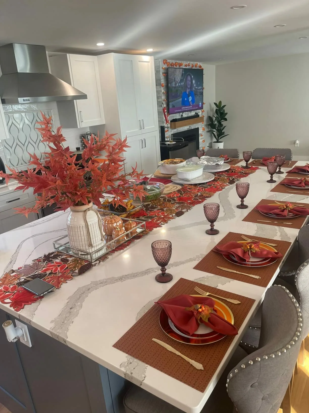 Red Orange Tablerunner Leaves Mini Tree Centerpiece White Marble Thanksgiving Table Decor