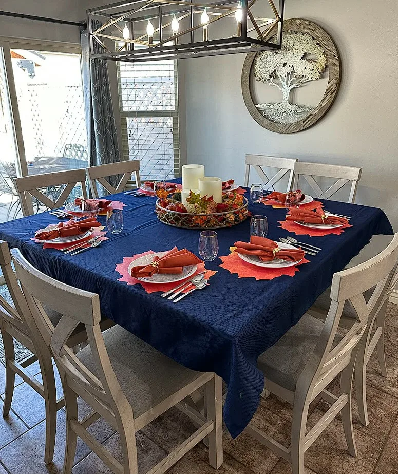 Tablescape Ideas For Fall Blue Tablecloth With Leaf Shaped Orange Placemats Table Setting Tablescape Ideas For Fall Blue Tablecloth With Leaf Shaped Orange Placemats Table Setting