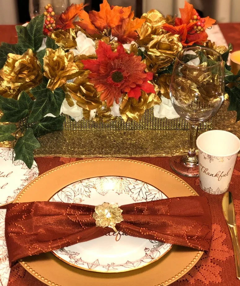 Tablescape Ideas For Fall With Beaded Metal Charger Plates And Napkins And Floral Centerpiece